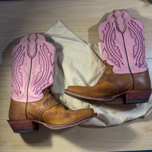 JUSTIN Made in USA Pink & Brown Leather Square Toe Boots Women's Size 7.5 B - Picture 2 of 11